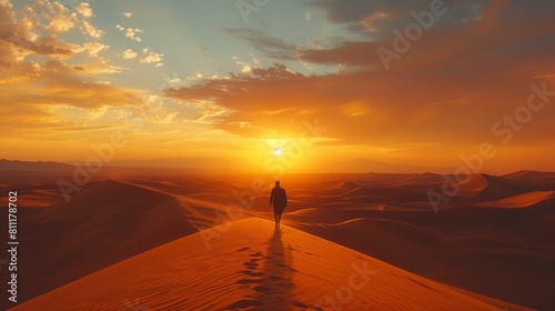At sunset, a lone figure stands atop a sandy dune, silhouetted against the colorful sky, contemplating the vast desert landscape