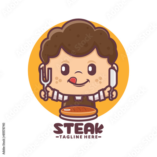 male cartoon mascot with steak