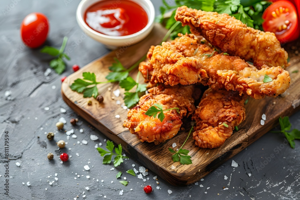 Fototapeta premium The golden-brown pieces of crispy chicken served with a side of tangy dipping sauce and a garnish of fresh herbs.