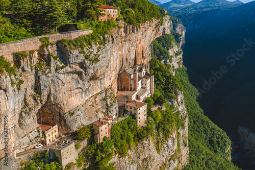 Aerial View of Madonna della Corona, Cliffside Sanctuary in Italy's Veneto, Surrounded by Dramatic Alpine Scenery