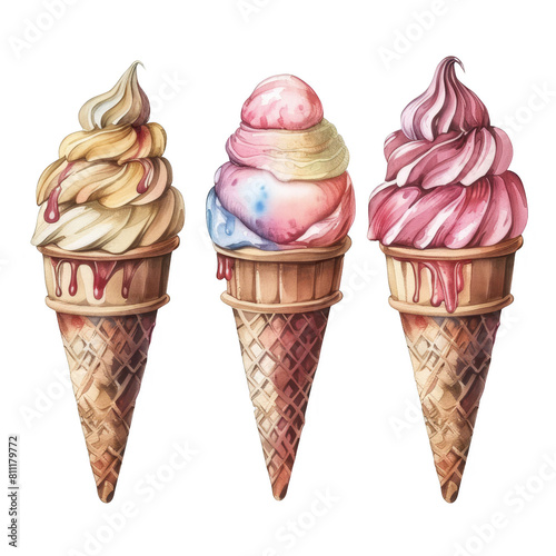 Three ice cream cones with different flavors and colors. The cones are placed in a row, with the first one being yellow, the second one being blue, and the third one being pink photo