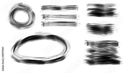 Set of brush strokes. Various width and shapes, circle, ellipses, lines with dry black marker texture. Grunge collection. Isolated white background.