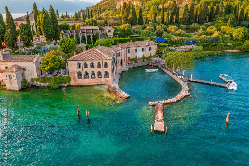 Aerial View of Punta San Vigilio on Lake Garda, Historic Villa and Lush Gardens in a Tranquil Mediterranean Setting