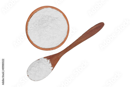 coconut milk powder in both a wooden bowl and a wooden spoon isolated transparent