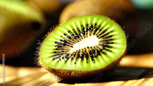 Close-up shot of a drop of juice flowing from a kiwi wedge on a green background 16:9 with copyspace photo