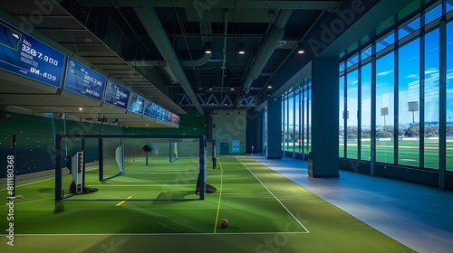 An immersive cricket net area featuring high-speed bowling setups, digital scoreboards, and realistic field murals.