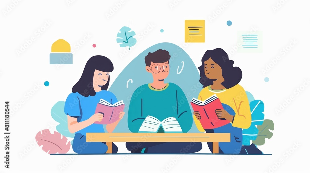 Three individuals engaged in deep discussion while reading books at a table in a cozy cafe setting. Generative AI Three individuals engaged in deep discussion while reading books at a table in a cozy cafe setting. Generative AI