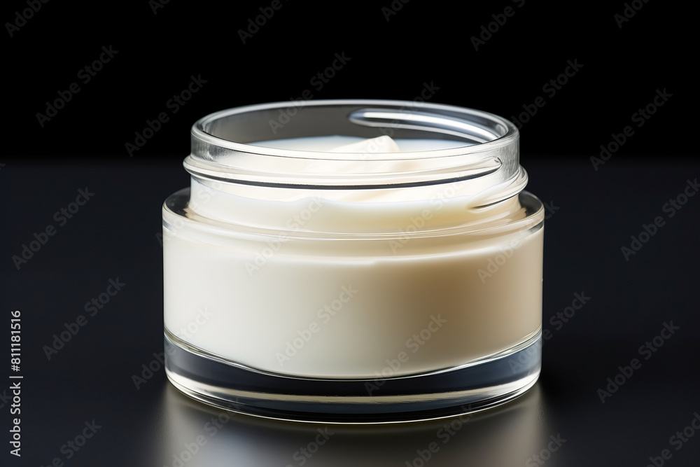 White face and body cream in a glass jar stands on a dark background. Concept of skincare cosmetics for face and body, self-care White face and body cream in a glass jar stands on a dark background. Concept of skincare cosmetics for face and body, self-care