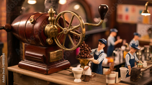 A miniature set-up featuring a vintage coffee grinder with a spinning wheel. The focus is on a model worker arranging cups into a pyramid formation. In the backdrop, additional miniatures are eng... photo
