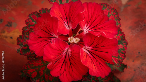 The image displays a vibrant red geranium that has detailed veins. In the middle of the geranium  there is a small  white center flower. Surrounding the flower are green leaves that are speckled ...