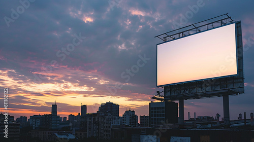 Blank billboard canvas against a city skyline during twilight, ideal for eye-catching advertisements.