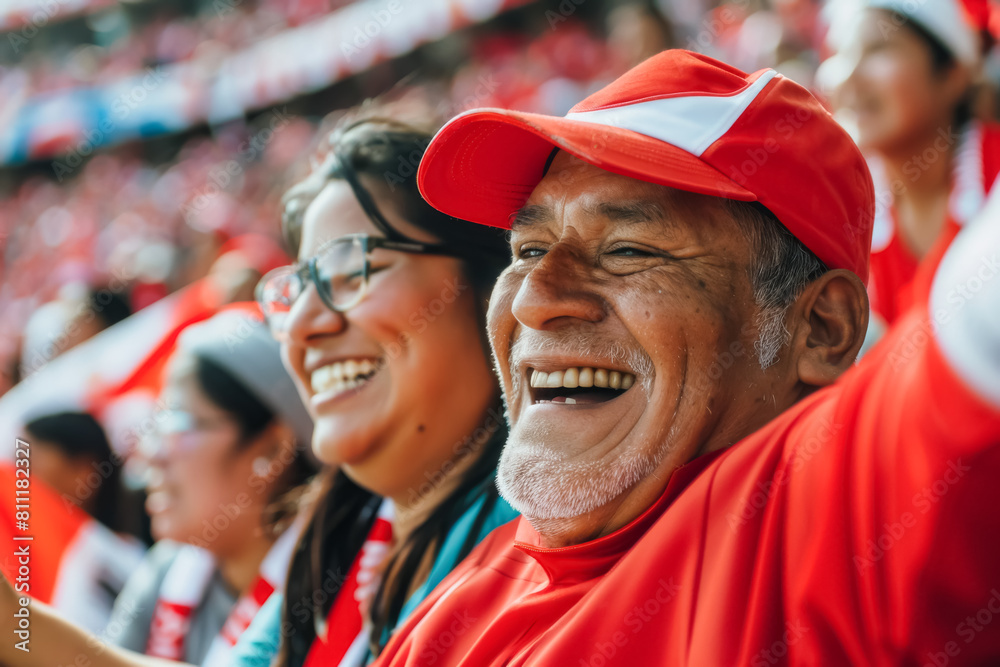 Peruvian football soccer fans in a stadium supporting the national team, La Blanquirroja
Peruvian football soccer fans in a stadium supporting the national team, La Blanquirroja