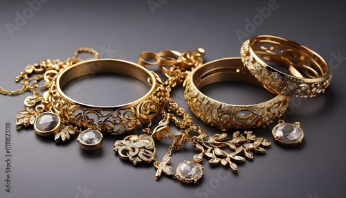 Beautiful golden jewelry on grey background © Aoun