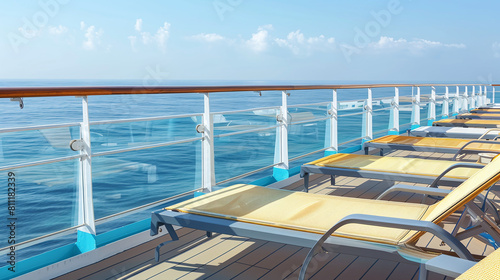 row of lounge chairs on the deck of a cruise ship  bright sunny day  blue sky