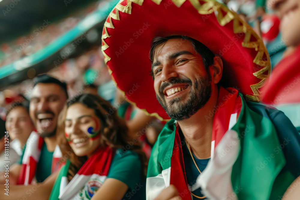 Mexican football soccer fans in a stadium supporting the national team, with scarfs and flags, El Tricolor
