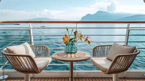 inviting sleek seats furniture in a cruise ship cabin s balcony  VIP guests  european vacations