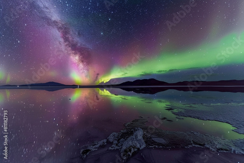 Purple and green aurora shining in the night sky  reflection in calm water  The aurora curved like a curtain is approaching