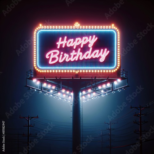 A brightly lit neon billboard sign with 