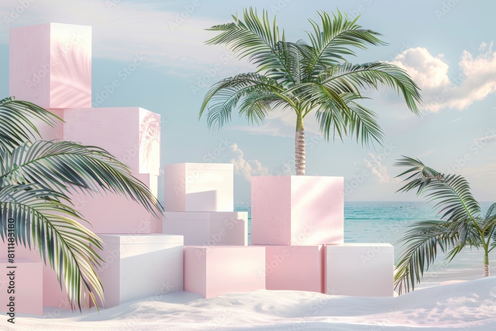 Fototapeta premium palm trees in the desert with three white cubes on a soft pink background for product presentation, mockup template, large empty space