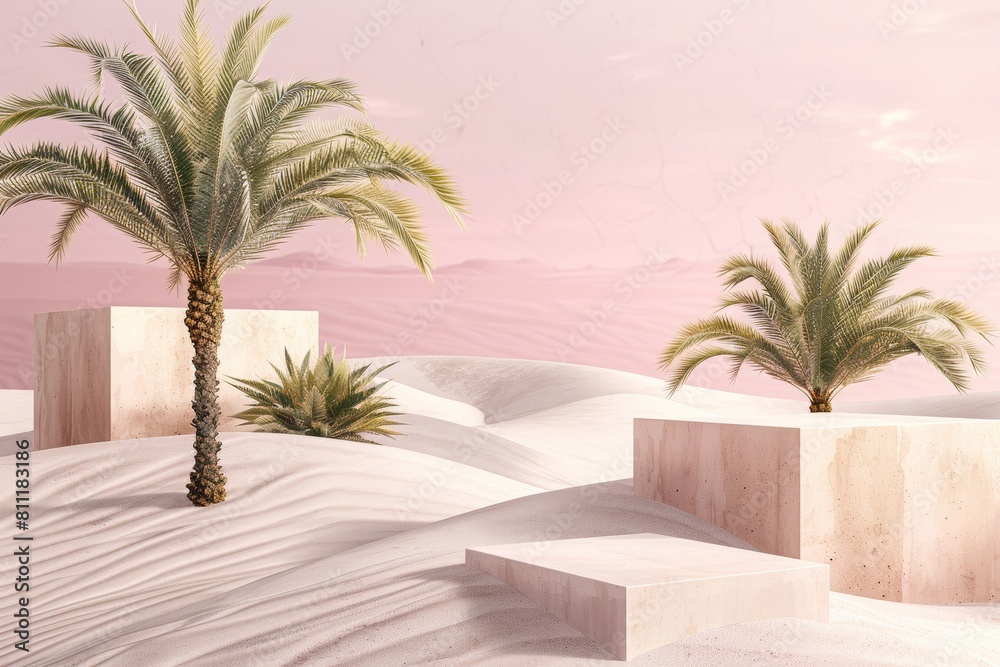 Fototapeta premium palm trees in the desert with three white cubes on a soft pink background for product presentation, mockup template, large empty space