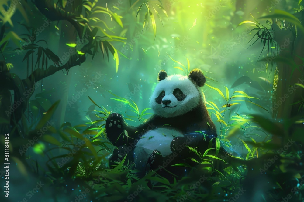 A cute panda bear sitting in a natural forest setting. Suitable for nature and wildlife themes A cute panda bear sitting in a natural forest setting. Suitable for nature and wildlife themes