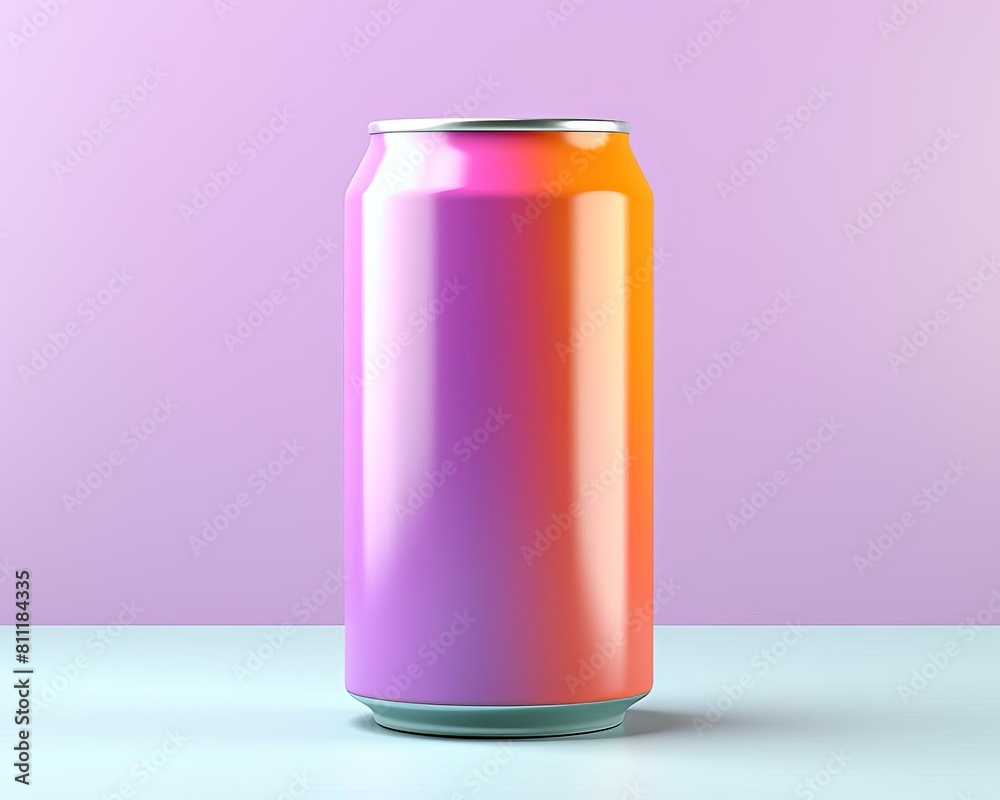 A sleek, iridescent can of soda sits on a table against a purple background. The can is a gradient of pink, orange, and purple, and the light is reflecting off of it A sleek, iridescent can of soda sits on a table against a purple background. The can is a gradient of pink, orange, and purple, and the light is reflecting off of it