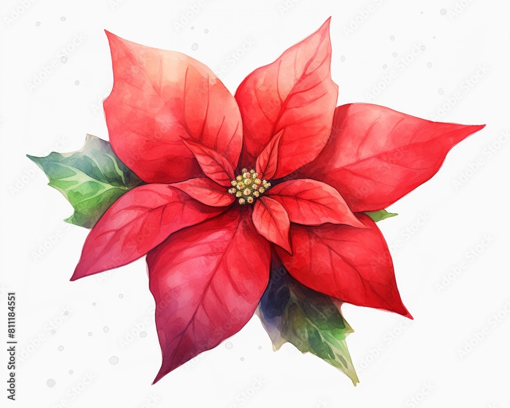 Red poinsettia flower isolated on white background. Watercolor hand drawn illustration.