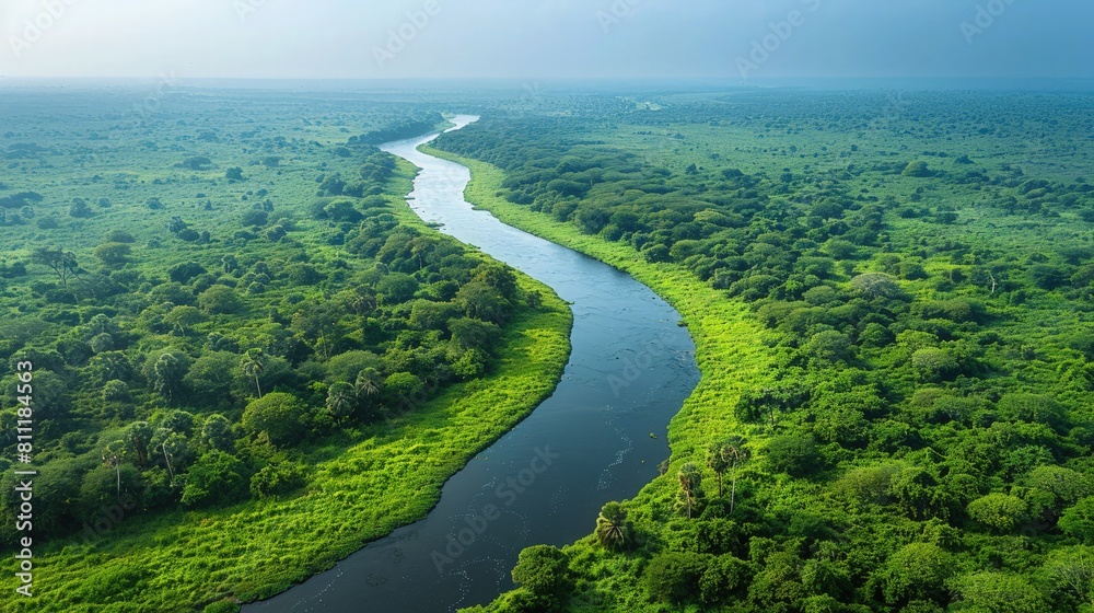 Aerial View of Meandering River Through Dense Jungle