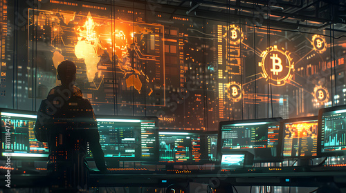 Photo realistic concept: Security Expert Monitoring Crypto Transactions A security expert overseeing transaction security on multiple screens in a high tech setup