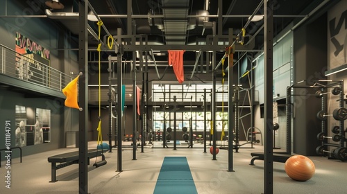 Modern bodyweight training space with equipment for pull-ups and dips. photo
