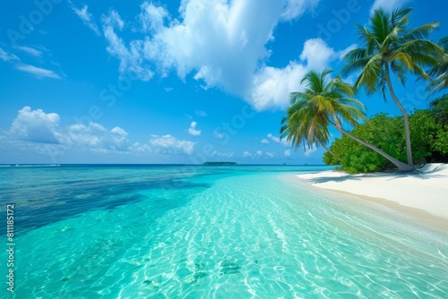 Tropical beaches with crystalclear turquoise waters  white sandy shores  and palm trees swaying in the breeze. Travelandtourism promotion or luxury vacation ads.