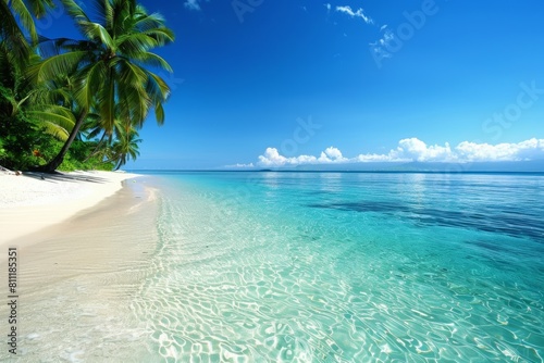 Tropical beaches with crystalclear turquoise waters, white sandy shores, and palm trees swaying in the breeze. Travelandtourism promotion or luxury vacation ads. © Sabina Gahramanova