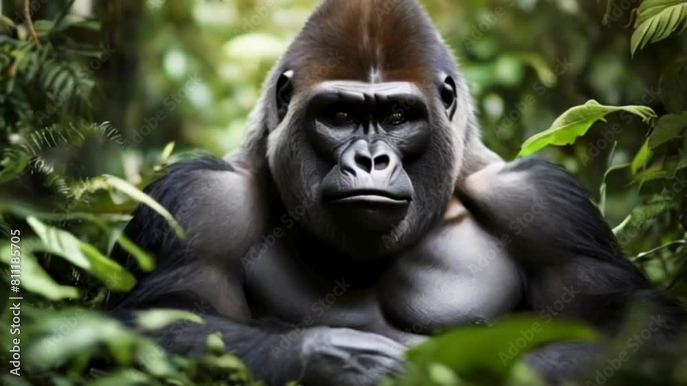 Powerful Silverback Gorilla in Lush Green Jungle Powerful Silverback Gorilla in Lush Green Jungle