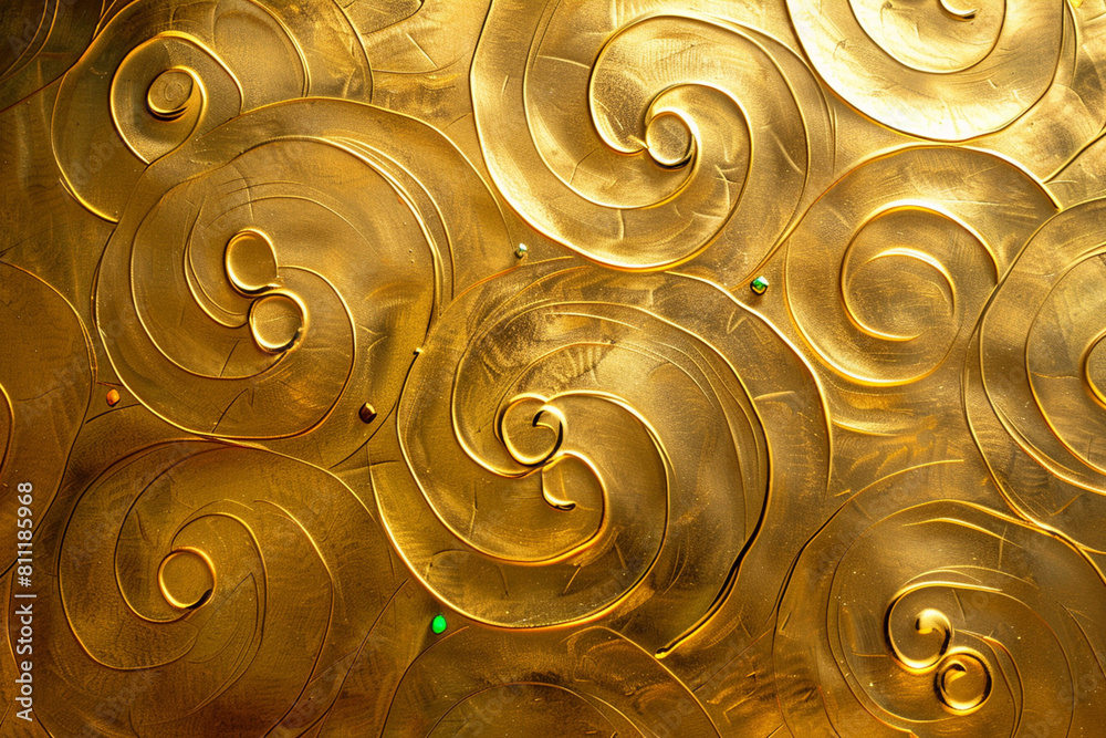 Abstract golden background with Thai art pattern. Enhance with a little sparkle. of emerald and ruby red Abstract golden background with Thai art pattern. Enhance with a little sparkle. of emerald and ruby red