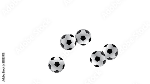 The soccer ball is slowly jumping on a transparent background and rolling onto the screen from left to right. 4k football bouncing animation with alpha channel, five soccer balls, 5 balls.