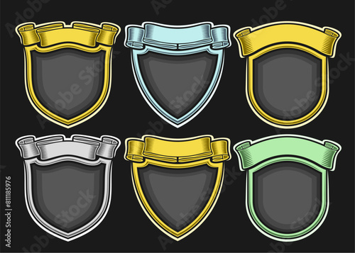 Vector Crests Set, collection of six grey monochrome and colorful heraldic crests with copy space, group of decorative variety retro sign boards with ribbon for title text on dark background