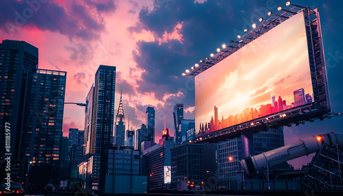 Cosmopolitan skyline and a pristine billboard, a gateway to global advertising.