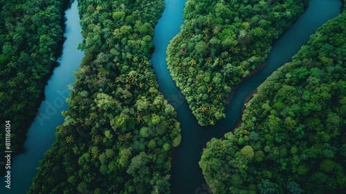 Aerial View of Meandering River Through Dense Jungle