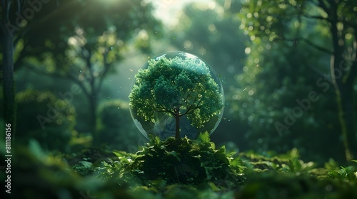 Sustainable Earth Lush Green Forest Growing from Inside the Global Planet photo