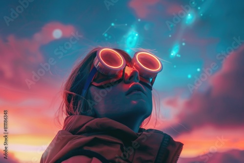 Woman wearing goggles looking up at the sky. Ideal for science and technology concepts