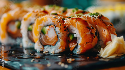 photo of big sushi roll with salmon, japanese cuisine, delicious, japanese restaurant background