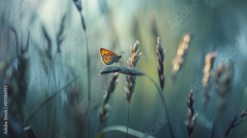 Insect Macro Photography of Skipper Butterfly resting on a tall blade of grass photo