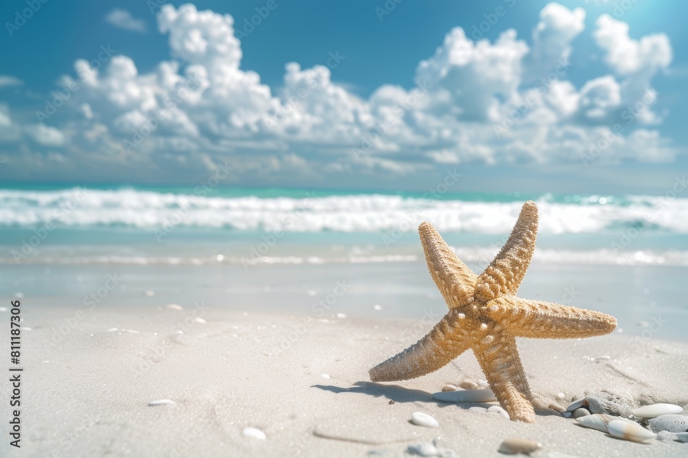 beach background with sand and sea, featuring a single starfish on the shore, creating an atmosphere of summer vacation and relaxation. Travel designs, social media posts, advertising images. beach background with sand and sea, featuring a single starfish on the shore, creating an atmosphere of summer vacation and relaxation. Travel designs, social media posts, advertising images.