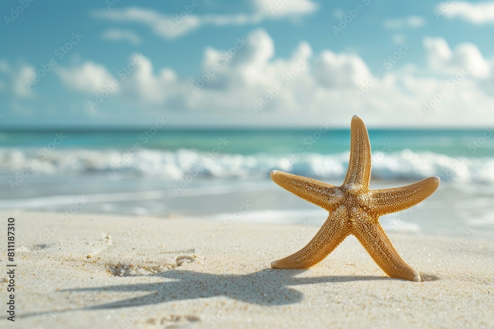 beach background with sand and sea, featuring a single starfish on the shore, creating an atmosphere of summer vacation and relaxation. Travel designs, social media posts, advertising images. beach background with sand and sea, featuring a single starfish on the shore, creating an atmosphere of summer vacation and relaxation. Travel designs, social media posts, advertising images.