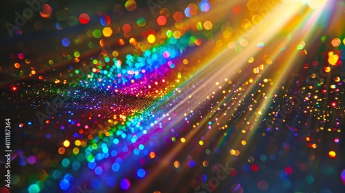 Rainbow light effect from sun flares on black background, colorful glare and shine, light rays on sparkling surface. Rainbow refraction of sunlight. Natural light effects, iridescent colors