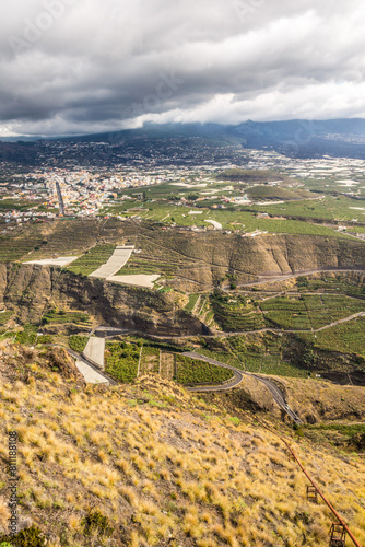 Panoramic view of the Llanos from the Time viewpoint with the magma tongue behind on the island of La Palma