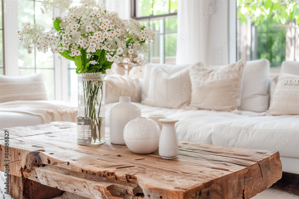 A rustic coffee table made of natural wood, centered in the living room with white sofas and soft cushions around it. The coffee table is adorned with vases holding fresh flowers. A rustic coffee table made of natural wood, centered in the living room with white sofas and soft cushions around it. The coffee table is adorned with vases holding fresh flowers.