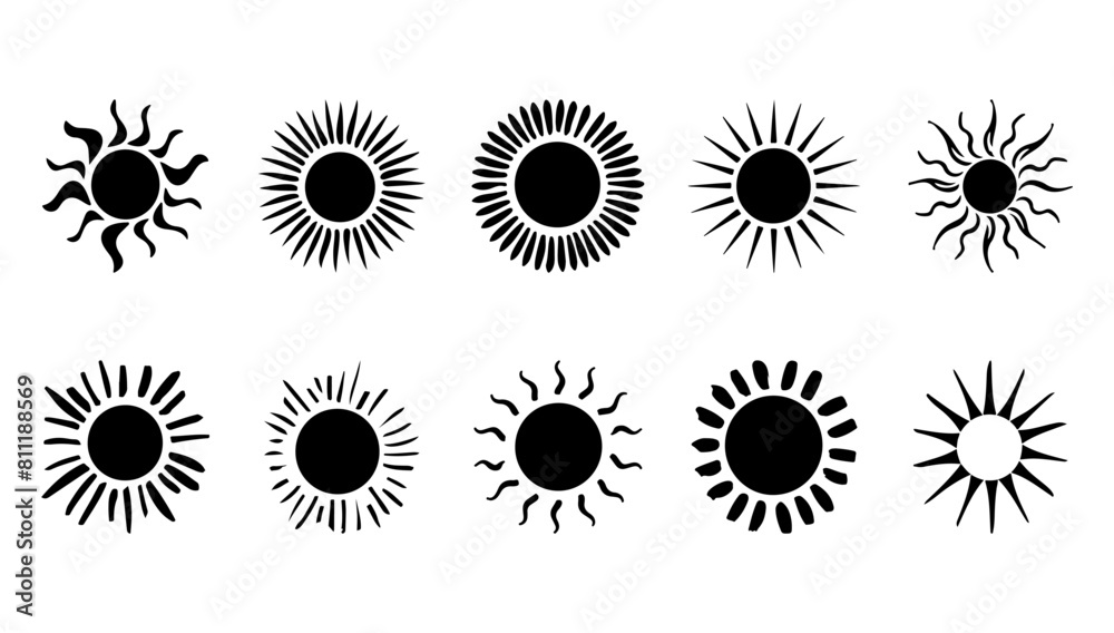Sun black icon element vector collection. Illustration element abstract symbol and circle graphic design set. Star art summer and decoration sunshine doodle simple cartoon concept Sun black icon element vector collection. Illustration element abstract symbol and circle graphic design set. Star art summer and decoration sunshine doodle simple cartoon concept