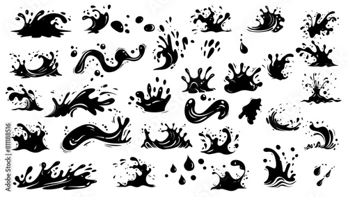 Black and white Water drops set. Nature wet shape and splash wave fresh sign. Creative collection aqua spray and flow bubble or blood. Concept raindrop ink