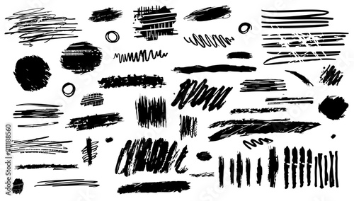 Grunge scrawls  charcoal scribbles black set. Doodle abstract design and marker pen. Shape sketch and graphic mark collection. Underline stripe and textured brushstroke pattern